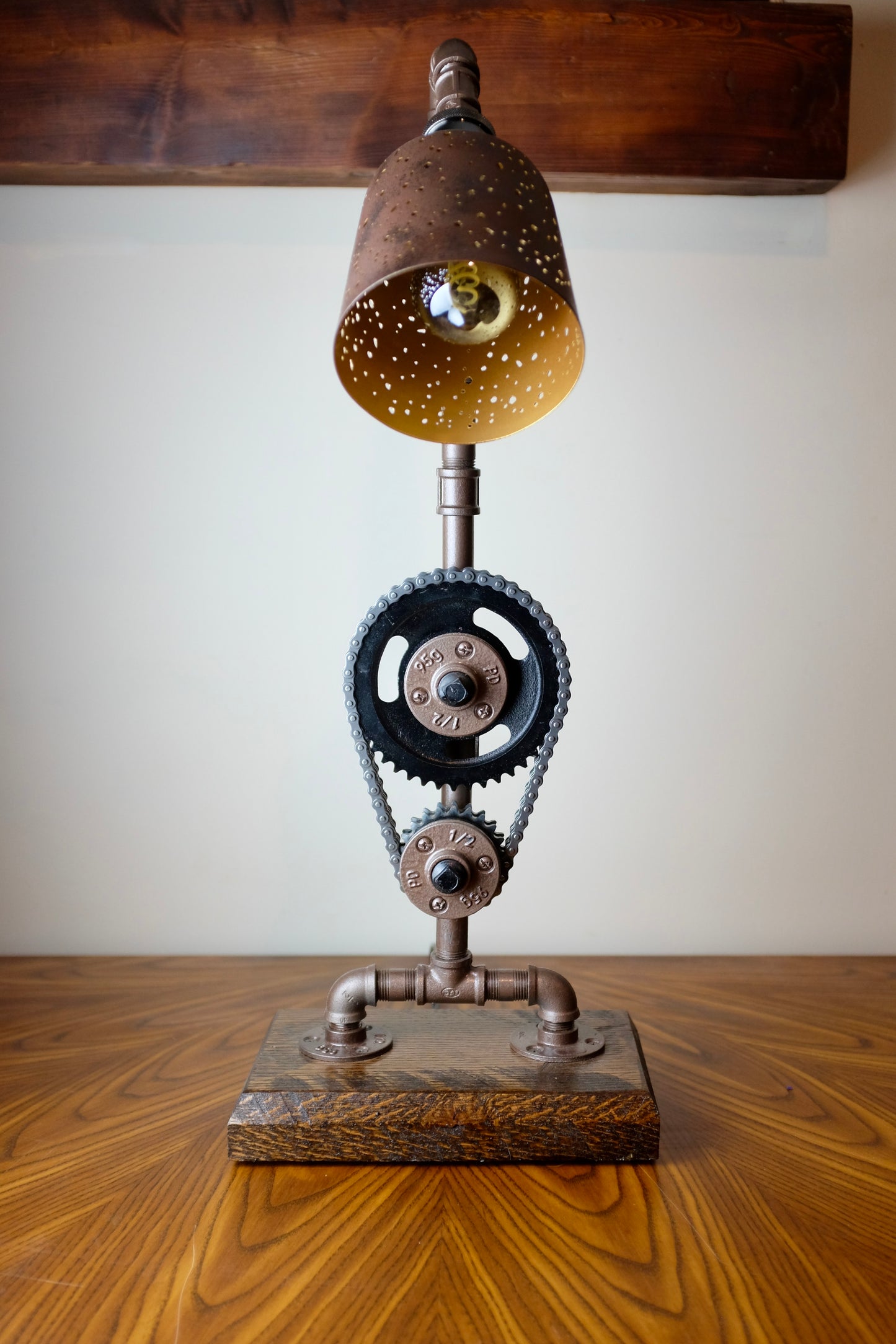 Industrial Style Cast Iron Pipe Lamp w/ Chevy Timing Chain