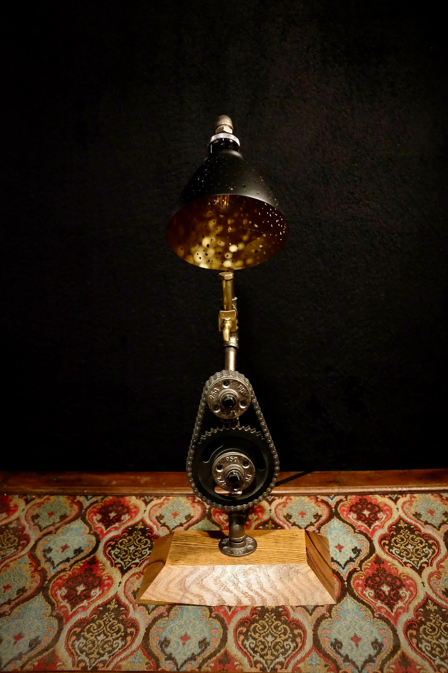 Industrial Style Lamp. Featuring: Antique Solid Brass Sight Glass Oiler and Chevy Timing Chain