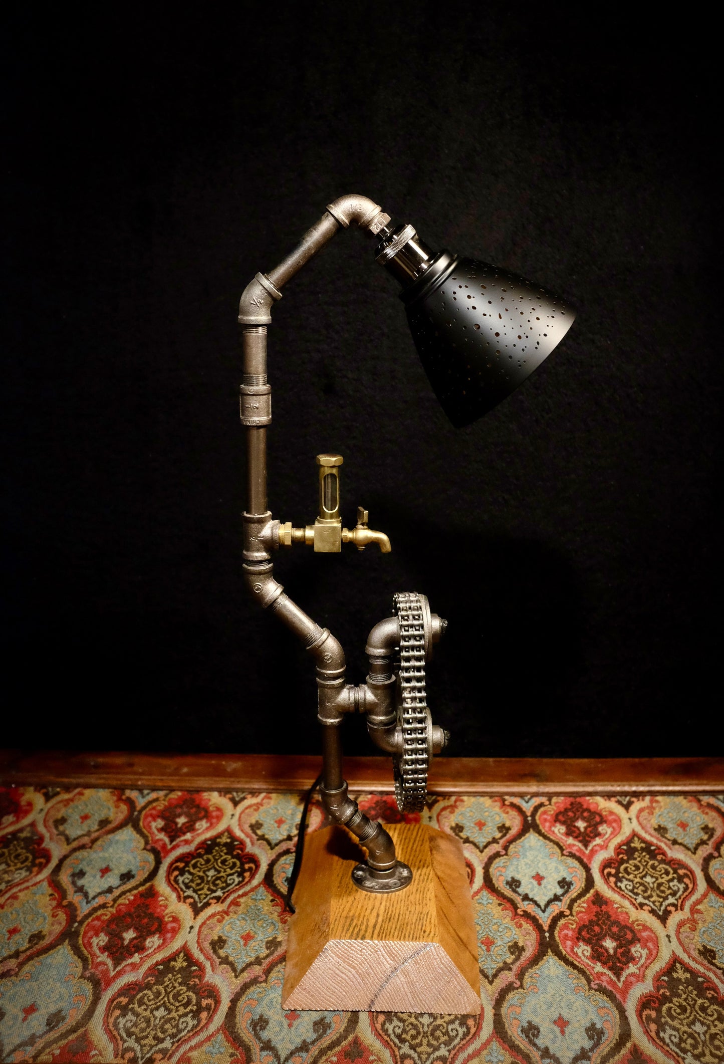 Industrial Style Lamp. Featuring: Antique Solid Brass Sight Glass Oiler and Chevy Timing Chain