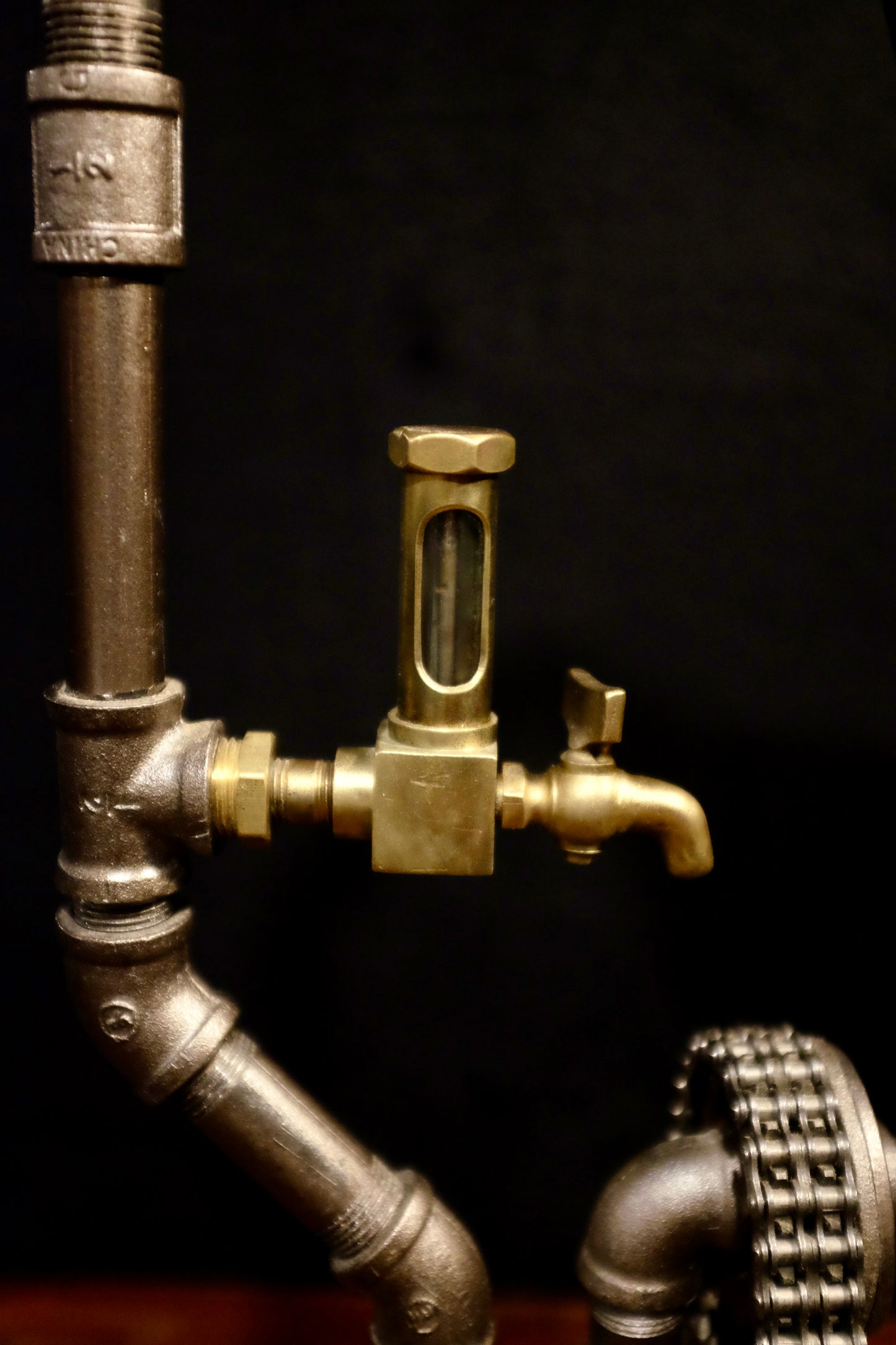 Industrial Style Lamp. Featuring: Antique Solid Brass Sight Glass Oiler and Chevy Timing Chain