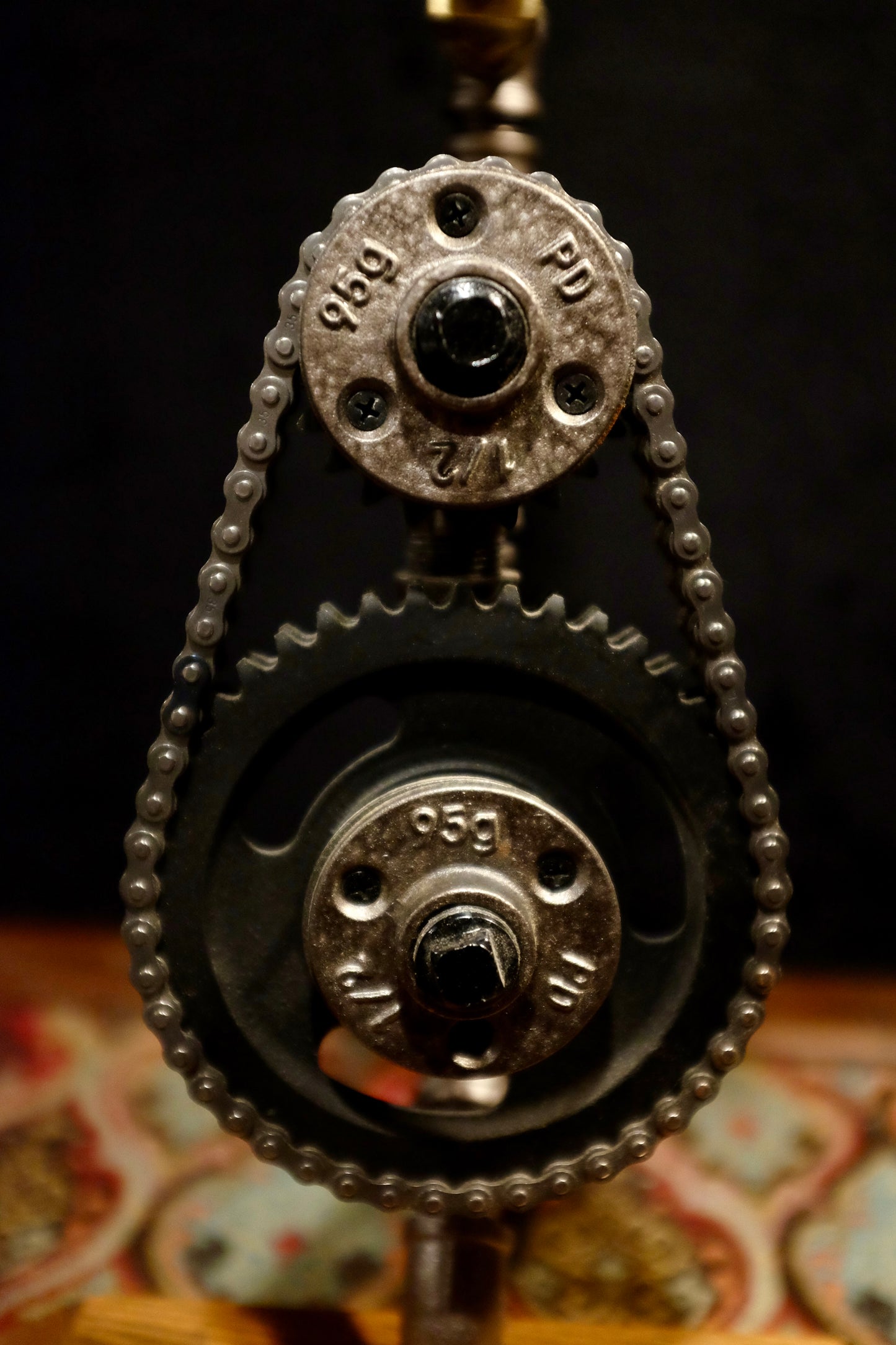 Industrial Style Lamp. Featuring: Antique Solid Brass Sight Glass Oiler and Chevy Timing Chain