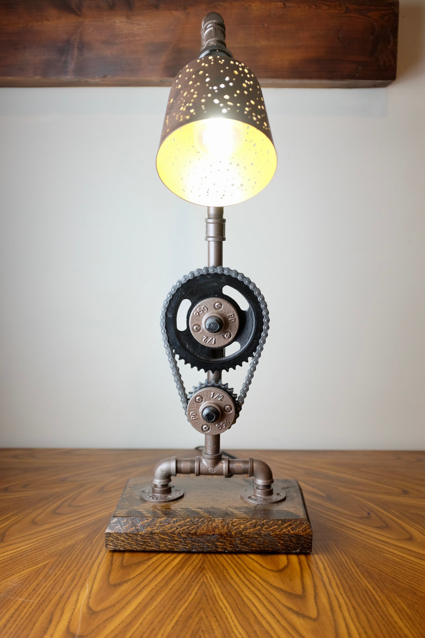 Industrial Style Cast Iron Pipe Lamp w/ Chevy Timing Chain